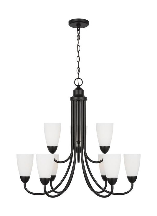 Generation Lighting Sean Lavin Seville 9-light chandelier in brushed steel silver with etched white glass shades with LED bulbs 3120209EN3-112