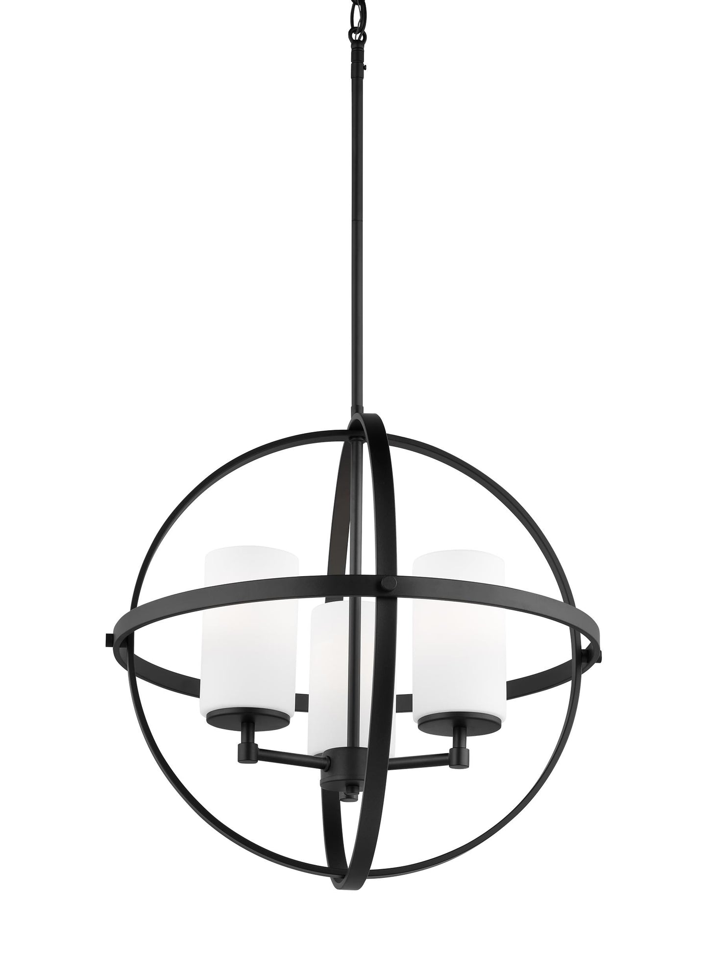 Generation Lighting Alturas indoor dimmable 3-light single tier chandelier in midnight black finish with spherical steel frame and cylindrical satin etched white glass shades 3124603-112