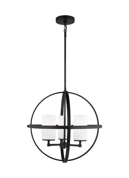 Generation Lighting Alturas indoor dimmable 3-light single tier chandelier in midnight black finish with spherical steel frame and cylindrical satin etched white glass shades 3124603-112