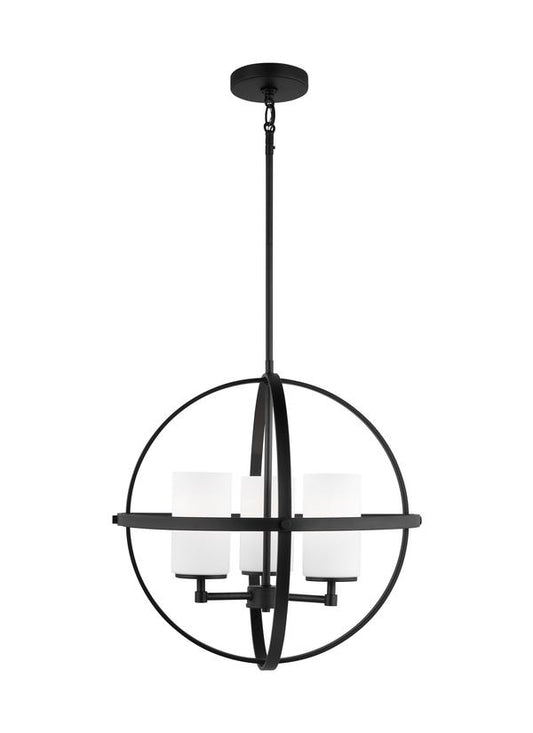 Generation Lighting Alturas indoor dimmable 3-light single tier chandelier in midnight black finish with spherical steel frame and cylindrical satin etched white glass shades 3124603-112