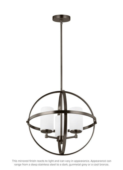 Generation Lighting Alturas contemporary 3-light indoor dimmable ceiling chandelier pendant light in brushed oil rubbed bronze finish with etched white inside glass shades 3124603-778