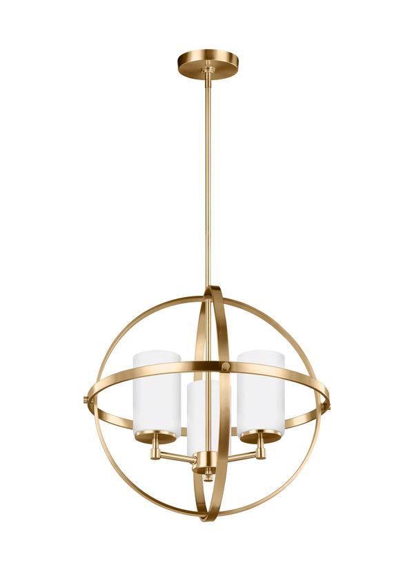 Generation Lighting Alturas contemporary 3-light indoor dimmable ceiling chandelier pendant light in satin brass gold finish with etched white inside glass shades 3124603-848