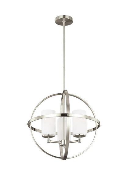 Generation Lighting Alturas contemporary 3-light indoor dimmable ceiling chandelier pendant light in brushed nickel silver finish with etched white inside glass shades 3124603-962