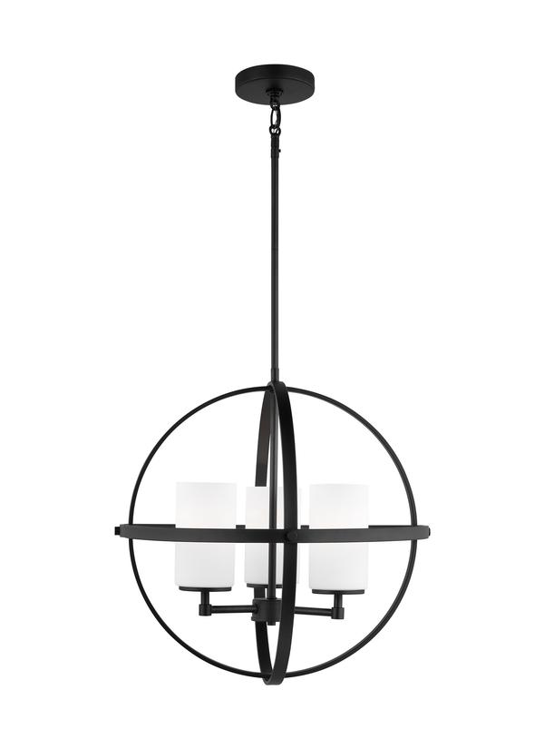 Generation Lighting Alturas indoor dimmable LED 3-light single tier chandelier in midnight black finish with spherical steel frame and cylindrical satin etched white glass shades 3124603EN3-112