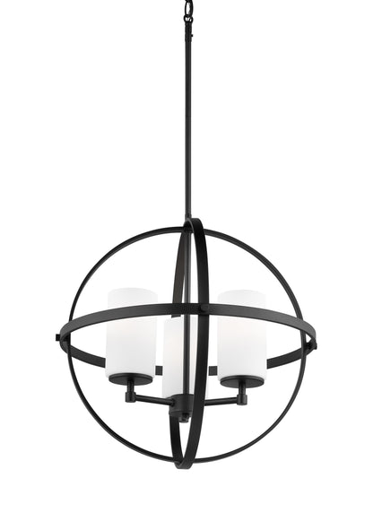 Generation Lighting Alturas indoor dimmable LED 3-light single tier chandelier in midnight black finish with spherical steel frame and cylindrical satin etched white glass shades 3124603EN3-112