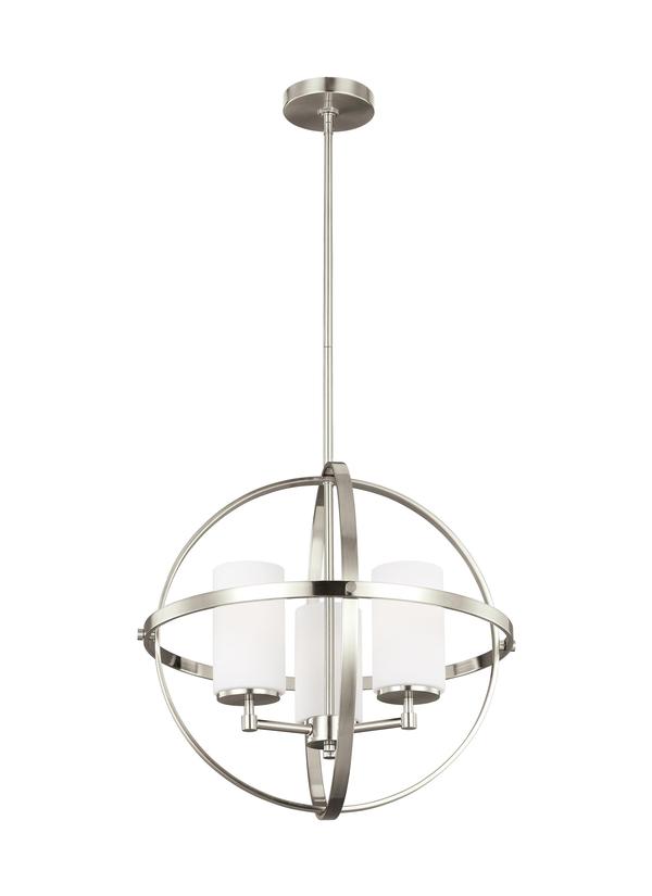 Generation Lighting Alturas contemporary 3-light LED indoor dimmable ceiling chandelier pendant light in brushed nickel silver finish with etched white inside glass shades 3124603EN3-962