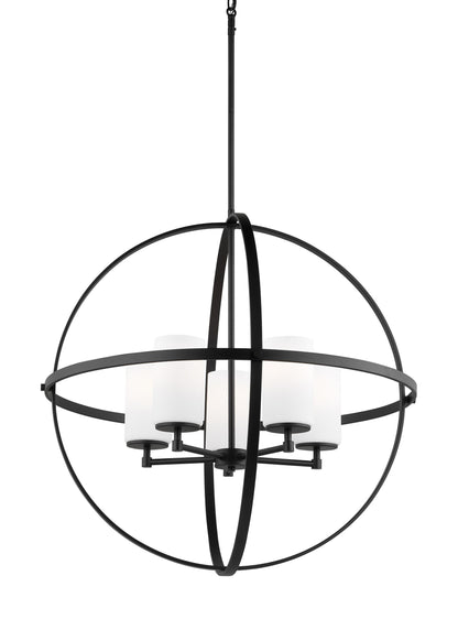 Generation Lighting Alturas indoor dimmable 5-light single tier chandelier in midnight black finish with spherical steel frame and cylindrical satin etched white glass shades 3124605-112