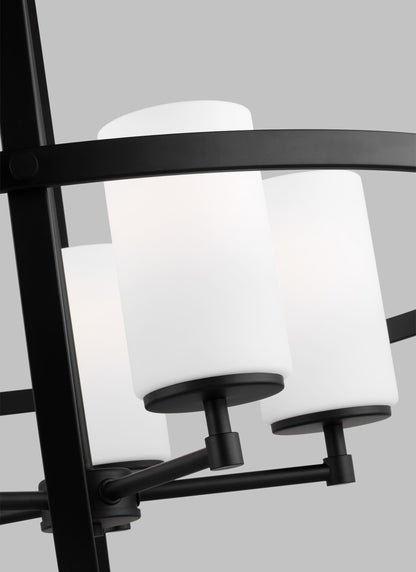 Generation Lighting Alturas indoor dimmable 5-light single tier chandelier in midnight black finish with spherical steel frame and cylindrical satin etched white glass shades 3124605-112