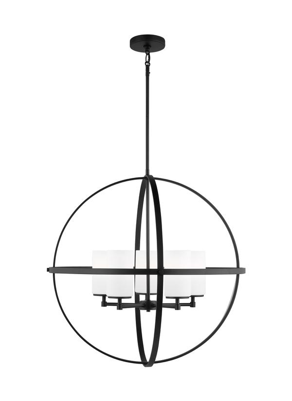 Generation Lighting Alturas indoor dimmable 5-light single tier chandelier in midnight black finish with spherical steel frame and cylindrical satin etched white glass shades 3124605-112