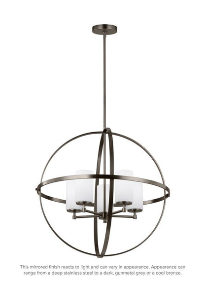 Generation Lighting Alturas contemporary 5-light indoor dimmable ceiling chandelier pendant light in brushed oil rubbed bronze finish with etched white inside glass shades 3124605-778