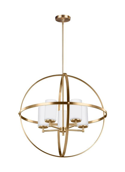 Generation Lighting Alturas contemporary 5-light indoor dimmable ceiling chandelier pendant light in satin brass gold finish with etched white inside glass shades 3124605-848