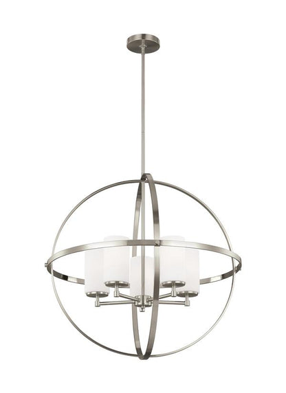 Generation Lighting Alturas contemporary 5-light indoor dimmable ceiling chandelier pendant light in brushed nickel silver finish with etched white inside glass shades 3124605-962