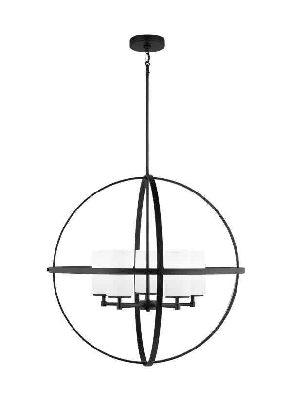 Generation Lighting Alturas indoor dimmable LED 5-light single tier chandelier in midnight black finish with spherical steel frame and cylindrical satin etched white glass shades 3124605EN3-112