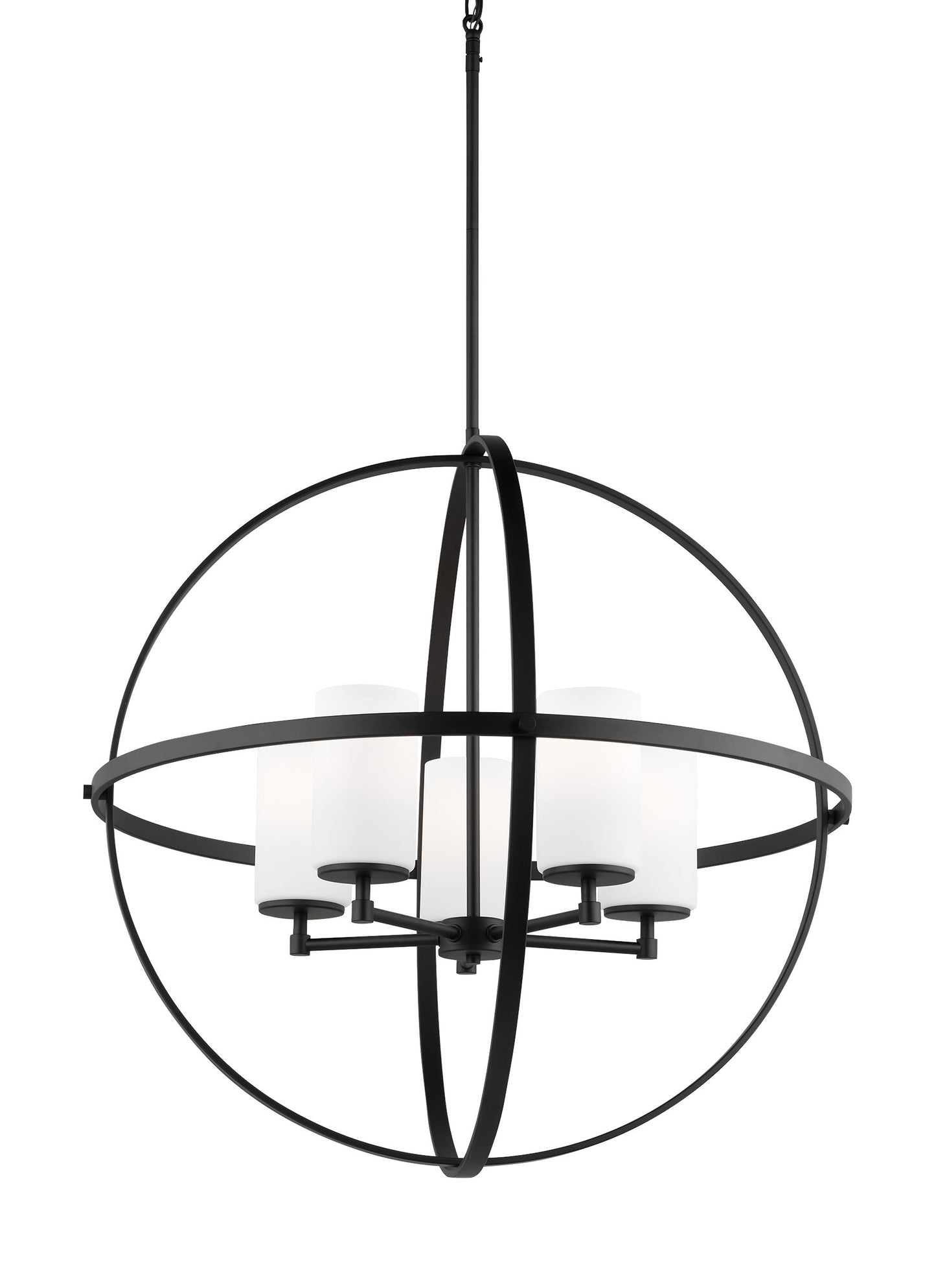 Generation Lighting Alturas indoor dimmable LED 5-light single tier chandelier in midnight black finish with spherical steel frame and cylindrical satin etched white glass shades 3124605EN3-112