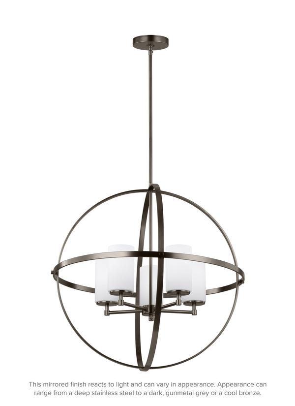 Generation Lighting Alturas contemporary 5-light LED indoor dimmable ceiling chandelier pendant light in brushed oil rubbed bronze finish with etched white inside glass shades 3124605EN3-778