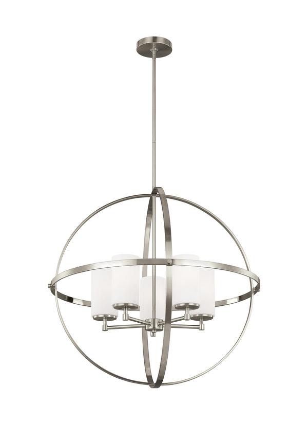 Generation Lighting Alturas contemporary 5-light LED indoor dimmable ceiling chandelier pendant light in brushed nickel silver finish with etched white inside glass shades 3124605EN3-962