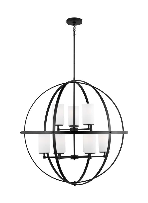 Generation Lighting Alturas indoor dimmable 9-light multi-tier chandelier in midnight black finish with spherical steel frame and cylindrical satin etched white glass shades 3124609-112