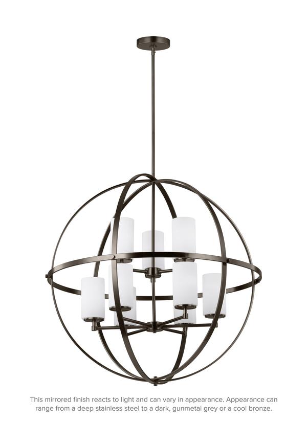 Generation Lighting Alturas contemporary 9-light indoor dimmable ceiling chandelier pendant light in brushed oil rubbed bronze finish with etched white inside glass shades 3124609-778