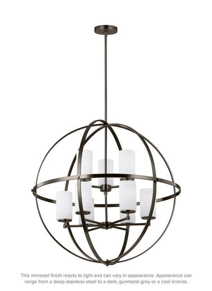 Generation Lighting Alturas contemporary 9-light indoor dimmable ceiling chandelier pendant light in brushed oil rubbed bronze finish with etched white inside glass shades 3124609-778