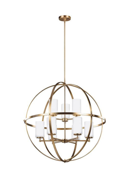 Generation Lighting Alturas contemporary 9-light indoor dimmable ceiling chandelier pendant light in satin brass gold finish with etched white inside glass shades 3124609-848