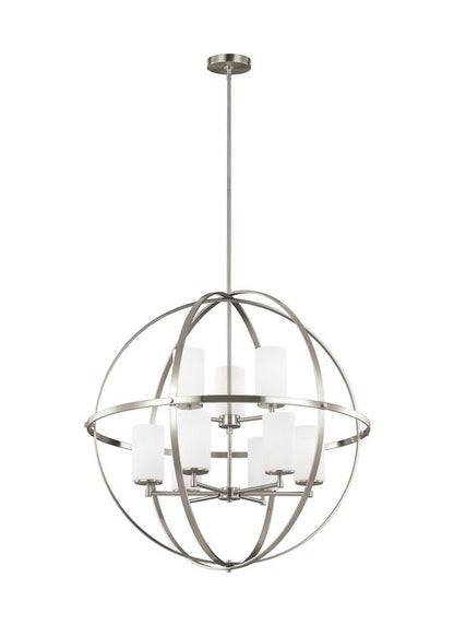 Generation Lighting Alturas contemporary 9-light indoor dimmable ceiling chandelier pendant light in brushed nickel silver finish with etched white inside glass shades 3124609-962