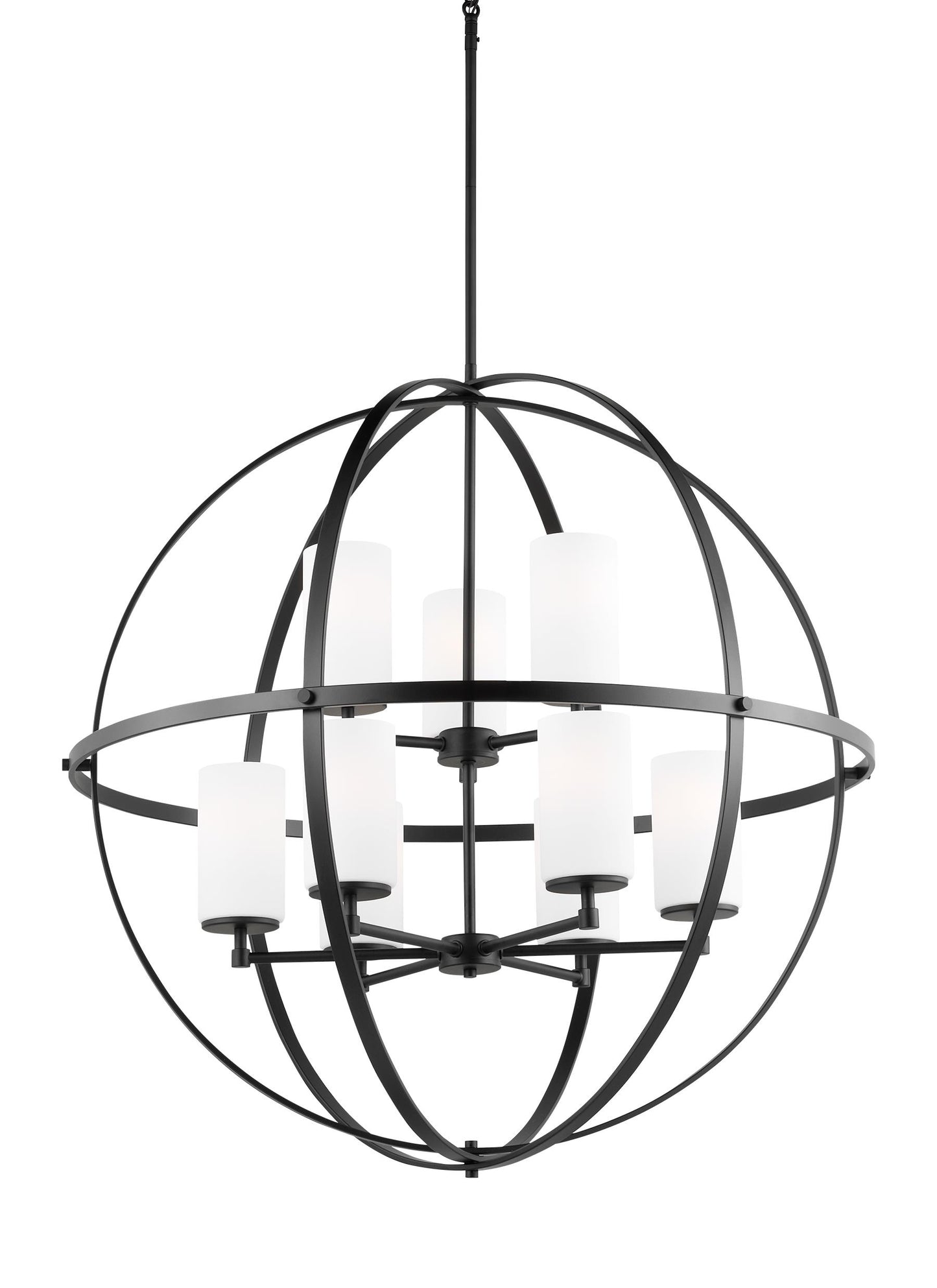 Generation Lighting Alturas indoor dimmable LED 9-light single tier chandelier in midnight black finish with spherical steel frame and cylindrical satin etched white glass shades 3124609EN3-112