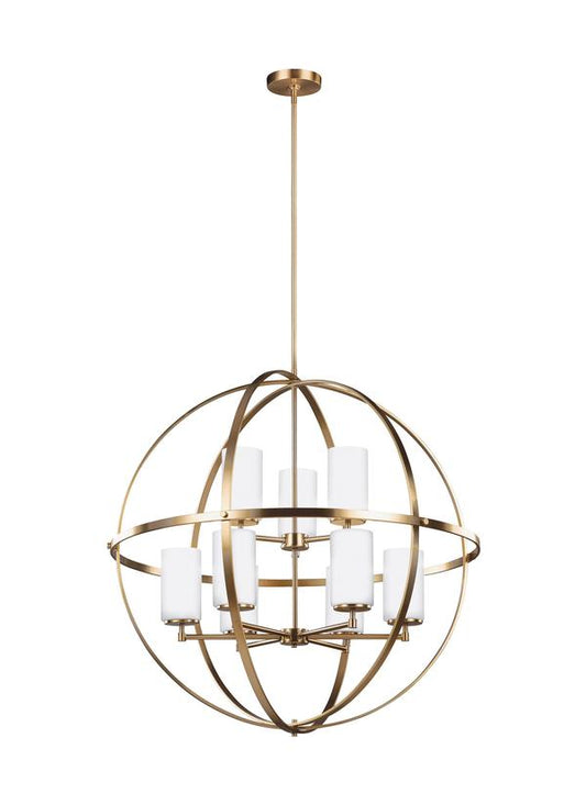 Generation Lighting Alturas contemporary 9-light LED indoor dimmable ceiling chandelier pendant light in satin brass gold finish with etched white inside glass shades 3124609EN3-848