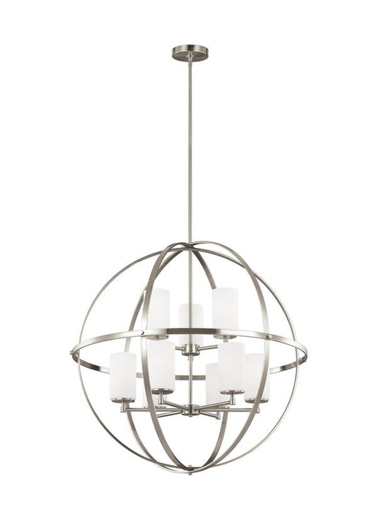 Generation Lighting Alturas contemporary 9-light LED indoor dimmable ceiling chandelier pendant light in brushed nickel silver finish with etched white inside glass shades 3124609EN3-962