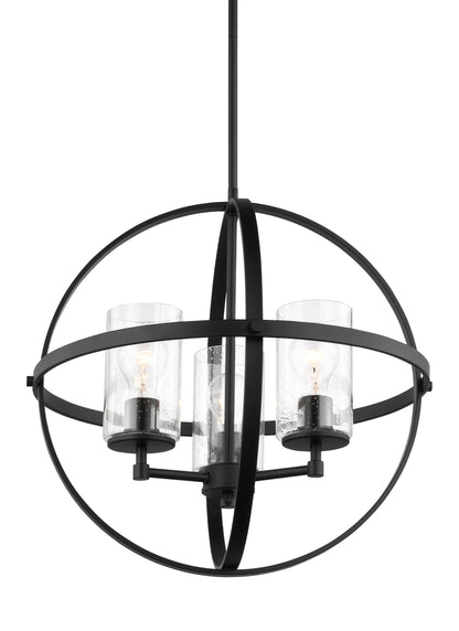 Generation Lighting Alturas indoor dimmable 3-light single tier chandelier in midnight black finish with spherical steel frame and cylindrical clear seeded glass shades 3124673-112