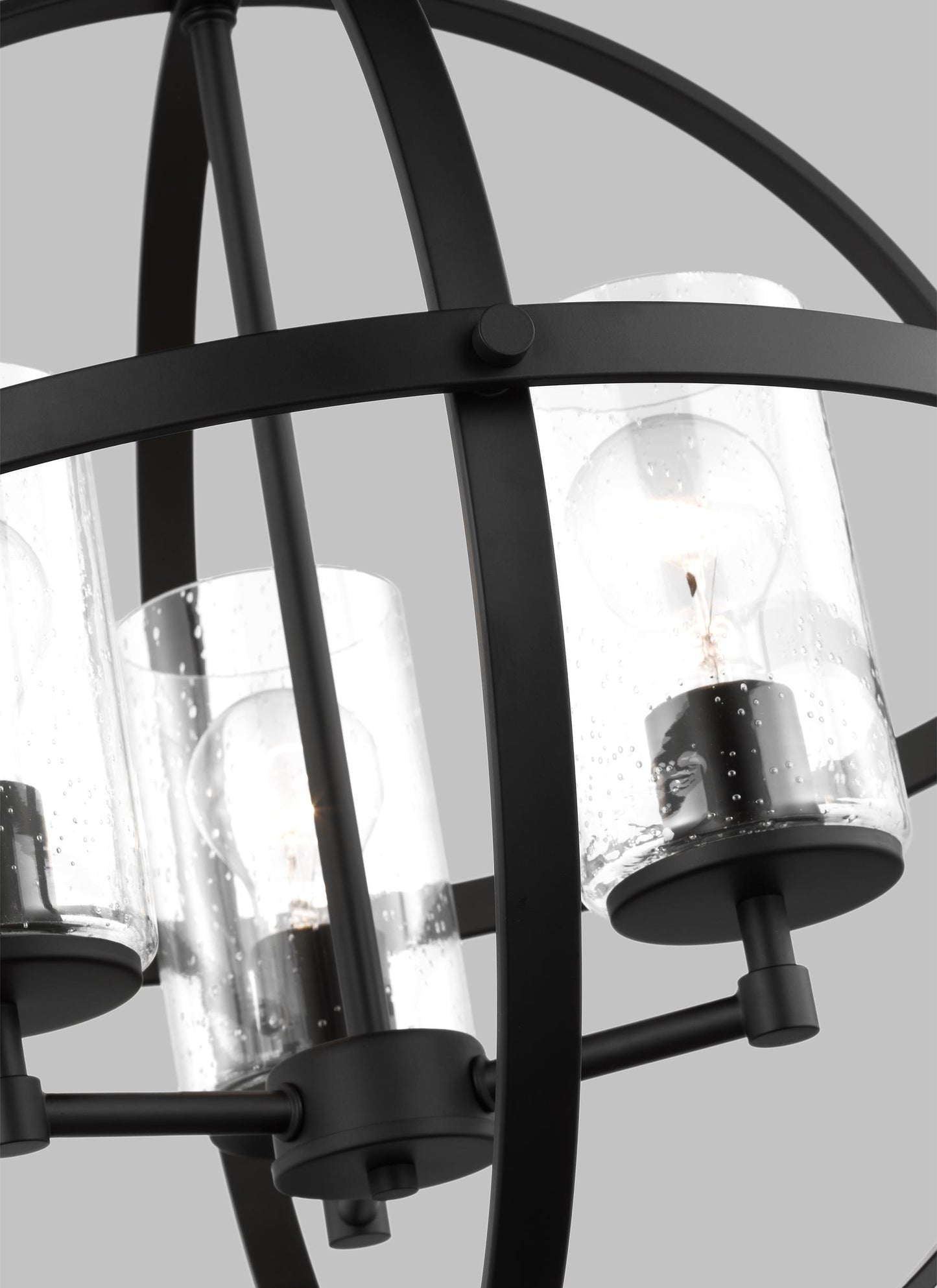 Generation Lighting Alturas indoor dimmable 3-light single tier chandelier in midnight black finish with spherical steel frame and cylindrical clear seeded glass shades 3124673-112