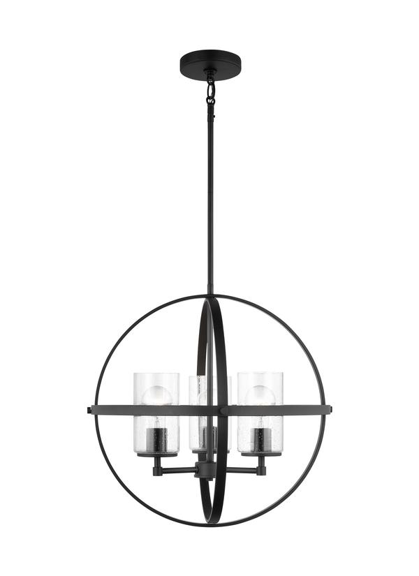 Generation Lighting Alturas indoor dimmable 3-light single tier chandelier in midnight black finish with spherical steel frame and cylindrical clear seeded glass shades 3124673-112