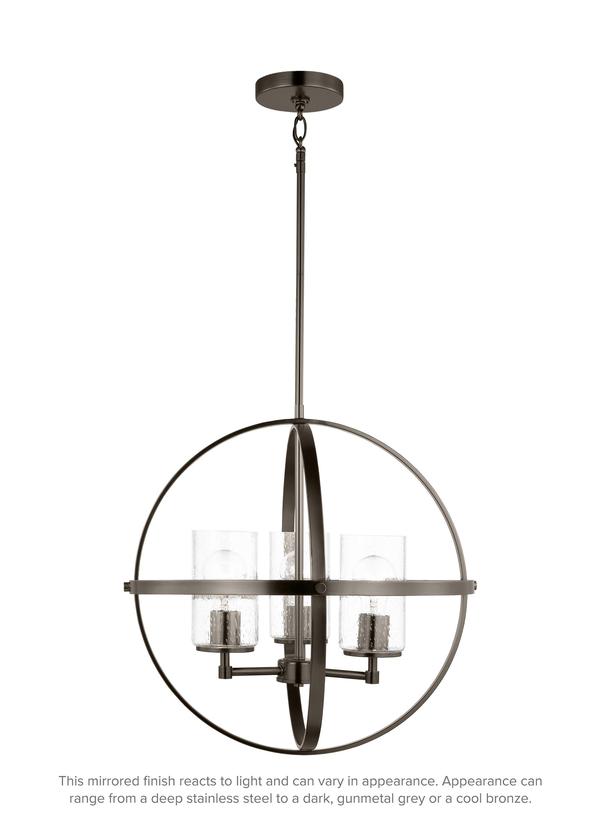 Generation Lighting Alturas indoor dimmable 3-light single tier chandelier in pewter bronze with spherical steel frame and cylindrical clear seeded glass shades 3124673-778