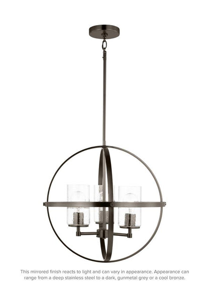 Generation Lighting Alturas indoor dimmable 3-light single tier chandelier in pewter bronze with spherical steel frame and cylindrical clear seeded glass shades 3124673-778