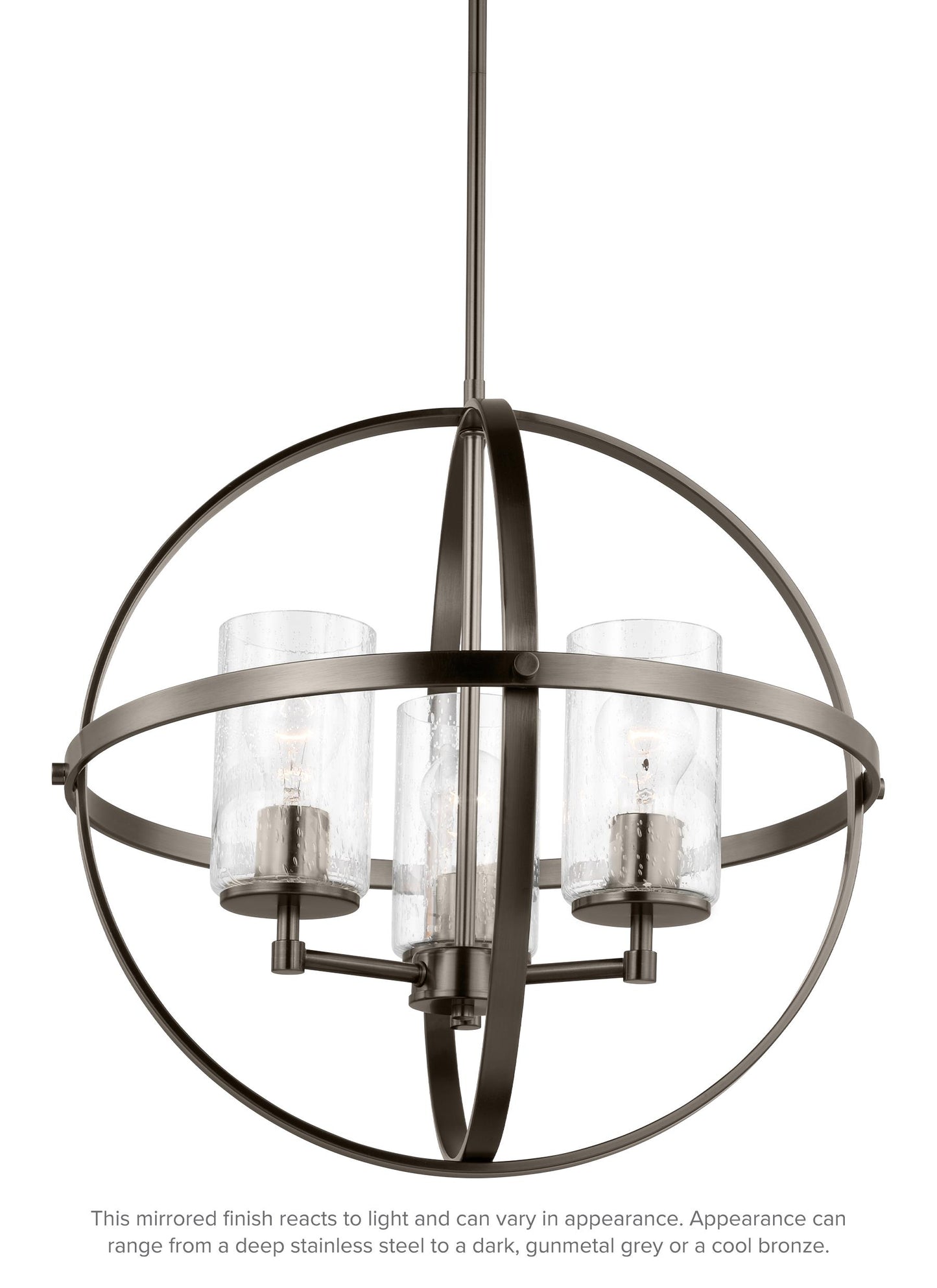 Generation Lighting Alturas indoor dimmable 3-light single tier chandelier in pewter bronze with spherical steel frame and cylindrical clear seeded glass shades 3124673-778