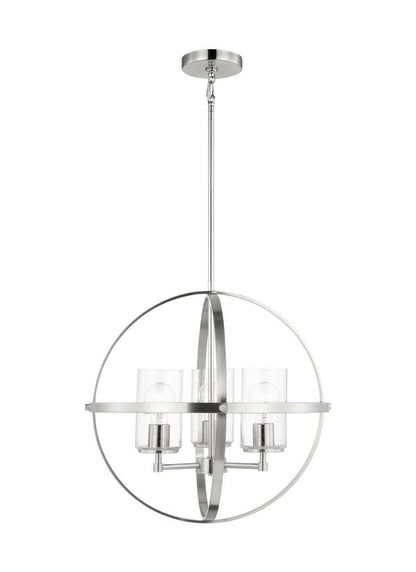 Generation Lighting Alturas indoor dimmable 3-light single tier chandelier in brushed nickel with spherical steel frame and cylindrical clear seeded glass shades 3124673-962