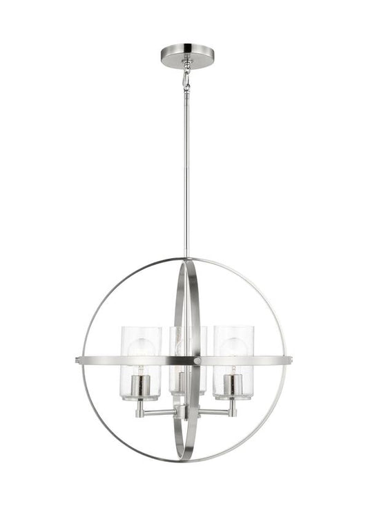 Generation Lighting Alturas indoor dimmable 3-light single tier chandelier in brushed nickel with spherical steel frame and cylindrical clear seeded glass shades 3124673-962