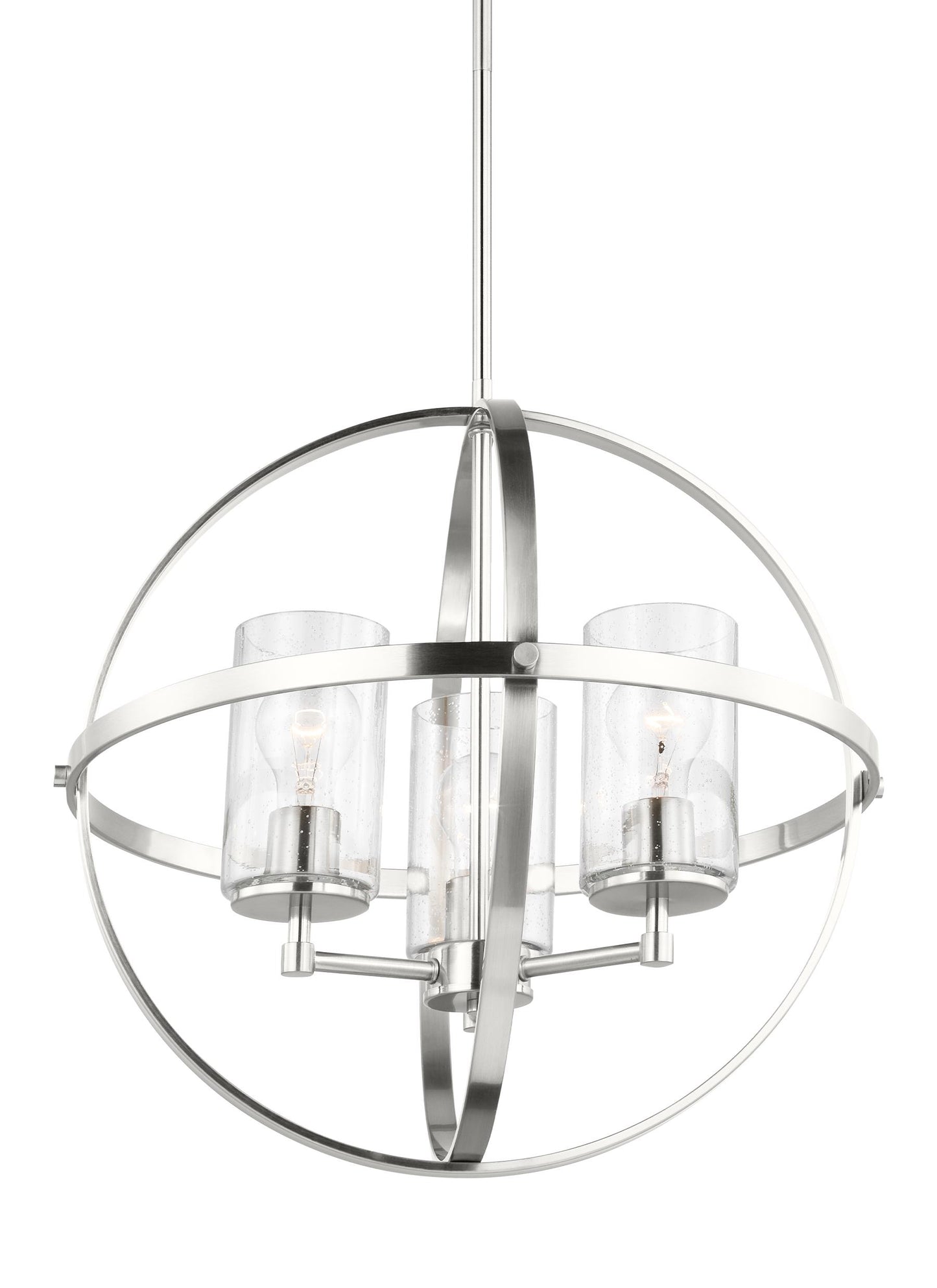 Generation Lighting Alturas indoor dimmable 3-light single tier chandelier in brushed nickel with spherical steel frame and cylindrical clear seeded glass shades 3124673-962