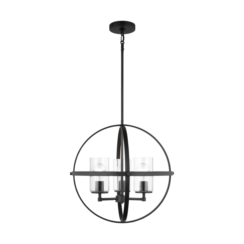 Generation Lighting Alturas indoor dimmable 3-light single tier chandelier in satin brass with spherical steel frame and cylindrical clear seeded glass shades 3124673-848