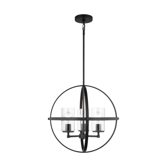 Generation Lighting Alturas indoor dimmable 3-light single tier chandelier in satin brass with spherical steel frame and cylindrical clear seeded glass shades 3124673-848