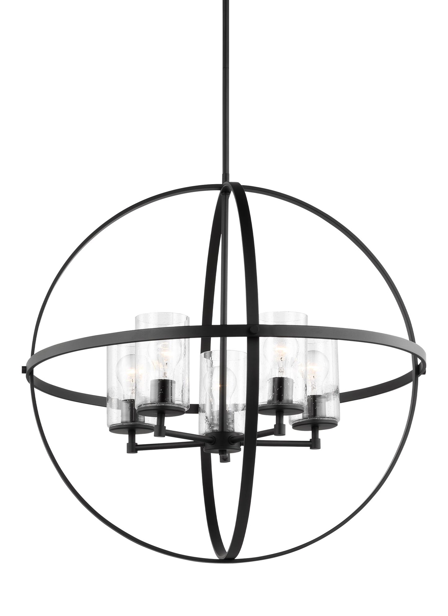 Generation Lighting Alturas indoor dimmable 5-light single tier chandelier in midnight black finish with spherical steel frame and cylindrical clear seeded glass shades 3124675-112