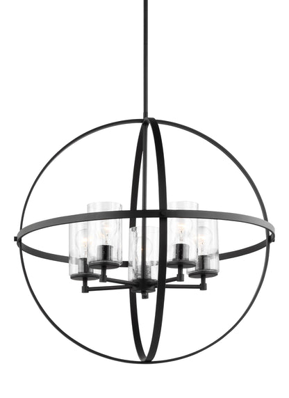 Generation Lighting Alturas indoor dimmable 5-light single tier chandelier in midnight black finish with spherical steel frame and cylindrical clear seeded glass shades 3124675-112