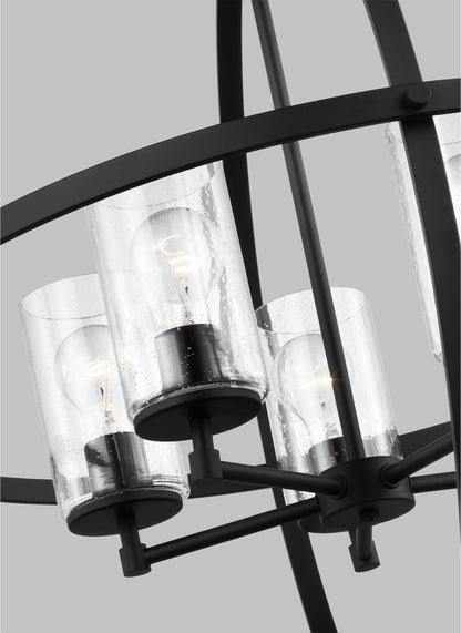 Generation Lighting Alturas indoor dimmable 5-light single tier chandelier in midnight black finish with spherical steel frame and cylindrical clear seeded glass shades 3124675-112