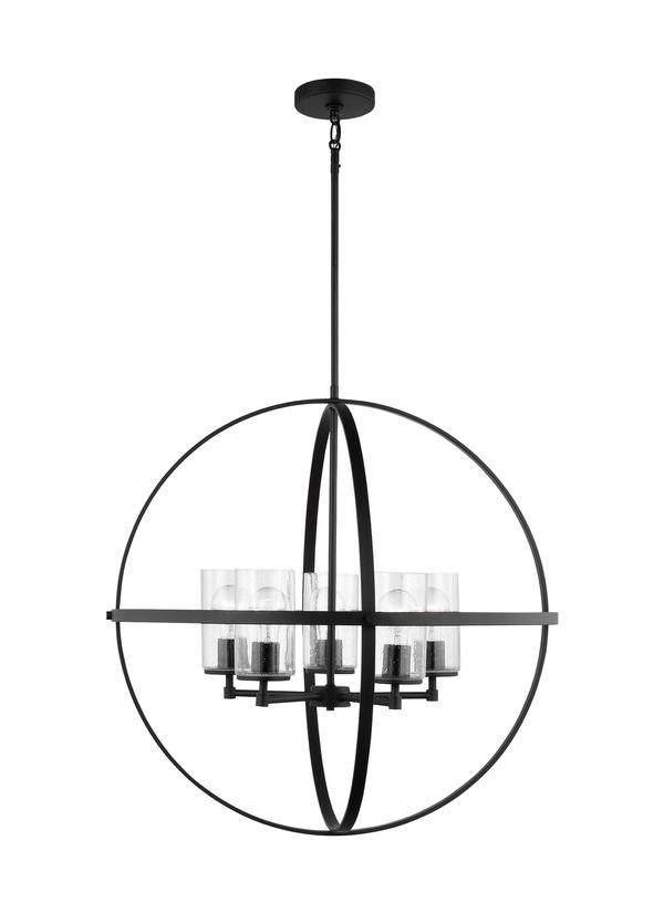 Generation Lighting Alturas indoor dimmable 5-light single tier chandelier in midnight black finish with spherical steel frame and cylindrical clear seeded glass shades 3124675-112