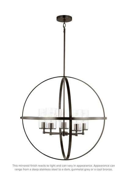 Generation Lighting Alturas indoor dimmable 5-light single tier chandelier in pewter bronze finish with spherical steel frame and cylindrical clear seeded glass shades 3124675-778