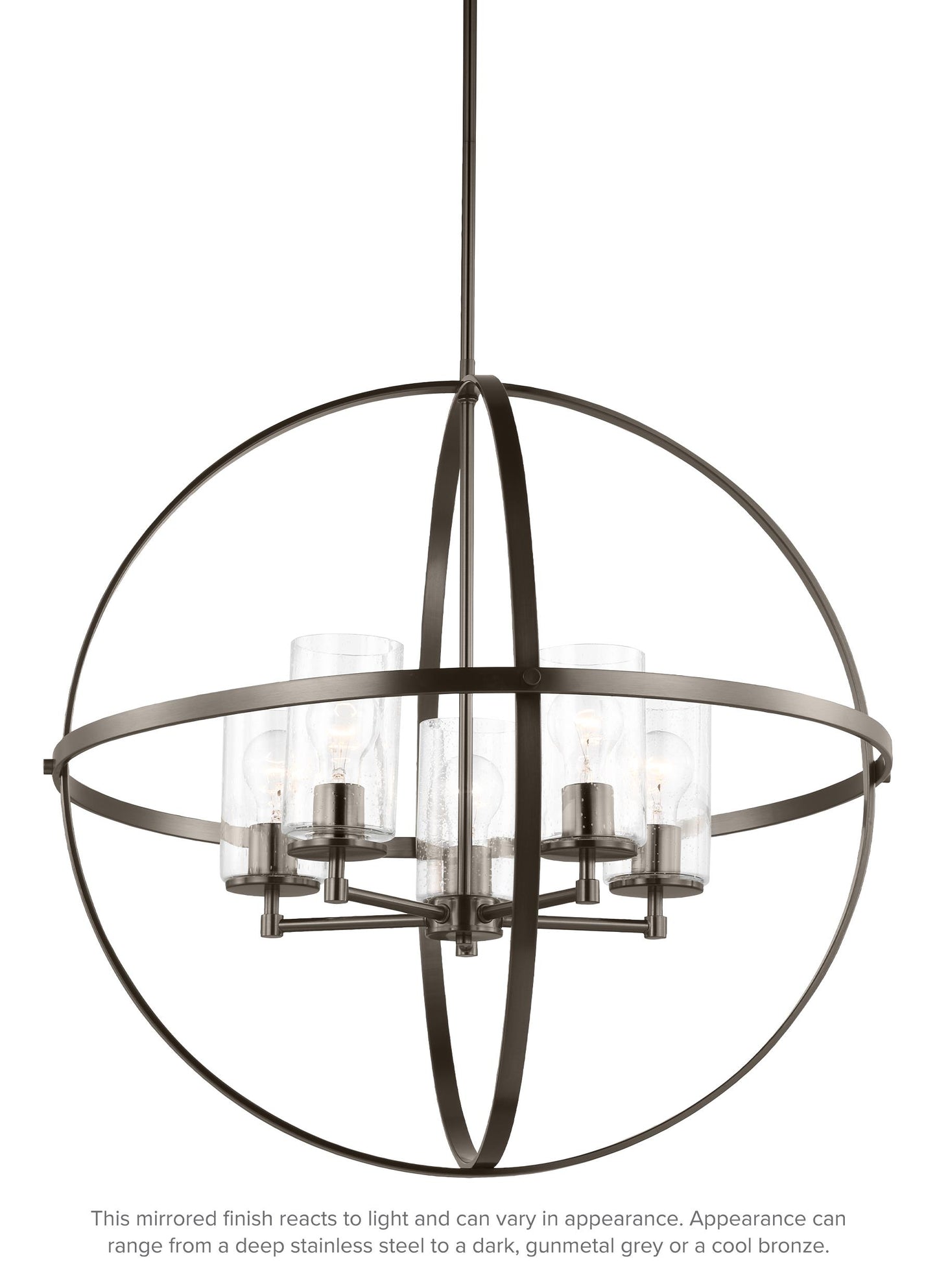 Generation Lighting Alturas indoor dimmable 5-light single tier chandelier in pewter bronze finish with spherical steel frame and cylindrical clear seeded glass shades 3124675-778