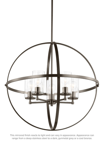 Generation Lighting Alturas indoor dimmable 5-light single tier chandelier in pewter bronze finish with spherical steel frame and cylindrical clear seeded glass shades 3124675-778