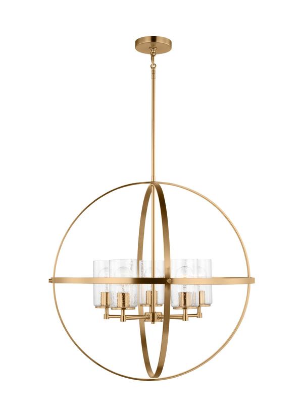 Generation Lighting Alturas indoor dimmable 5-light single tier chandelier in satin brass finish with spherical steel frame and cylindrical clear seeded glass shades 3124675-848