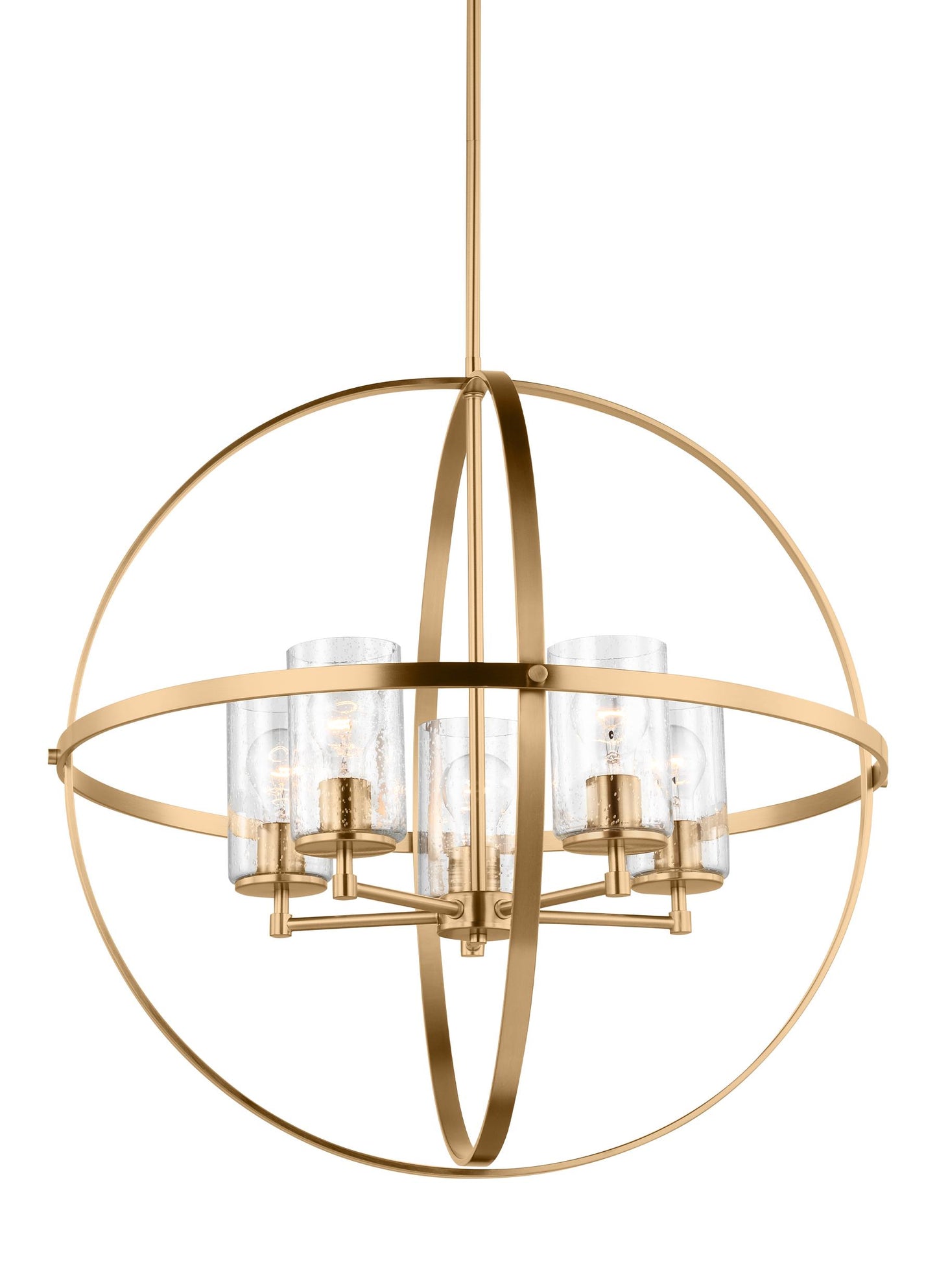 Generation Lighting Alturas indoor dimmable 5-light single tier chandelier in satin brass finish with spherical steel frame and cylindrical clear seeded glass shades 3124675-848