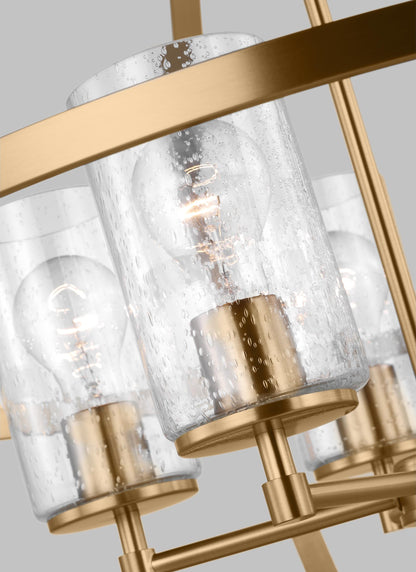 Generation Lighting Alturas indoor dimmable 5-light single tier chandelier in satin brass finish with spherical steel frame and cylindrical clear seeded glass shades 3124675-848