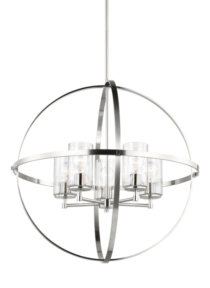 Generation Lighting Alturas indoor dimmable 5-light single tier chandelier in brushed nickel finish with spherical steel frame and cylindrical clear seeded glass shades 3124675-962